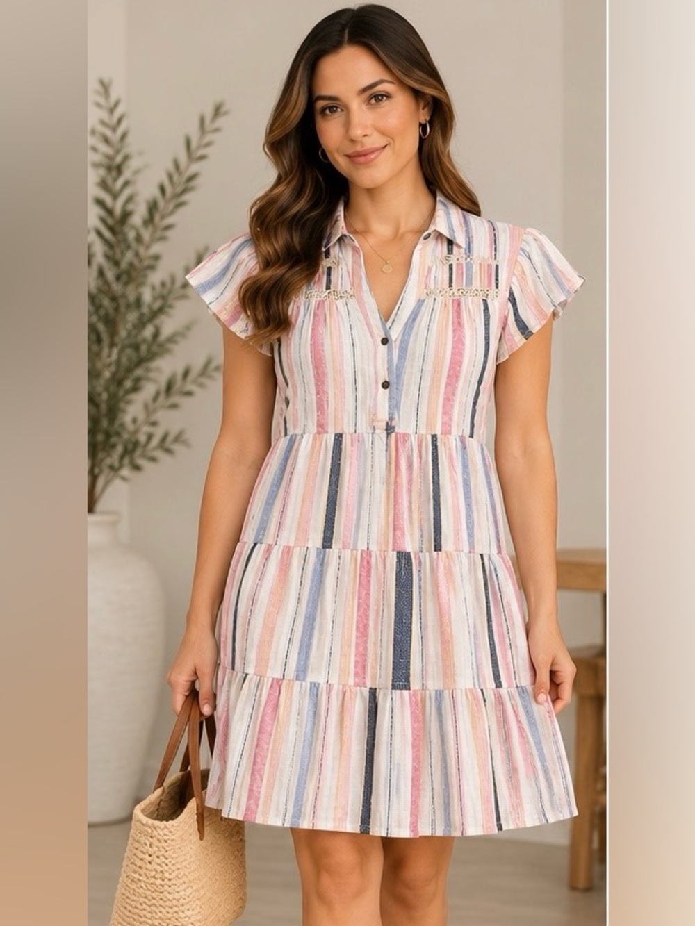 Anthropologie Striped Tiered Mini Dress Pink & White XS